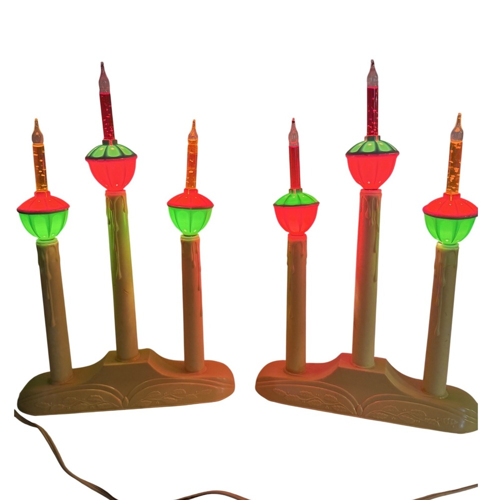 Vintage Christmas Bubble Light Candelabra Pair Red Green 3-Light